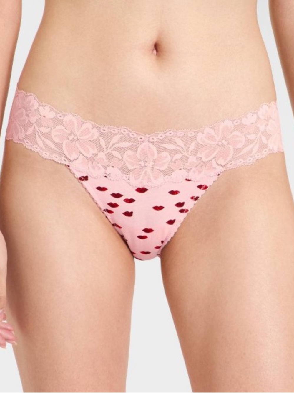 Auden Pink Lace-Trim Floral Red Lips Bikini Panty Thong